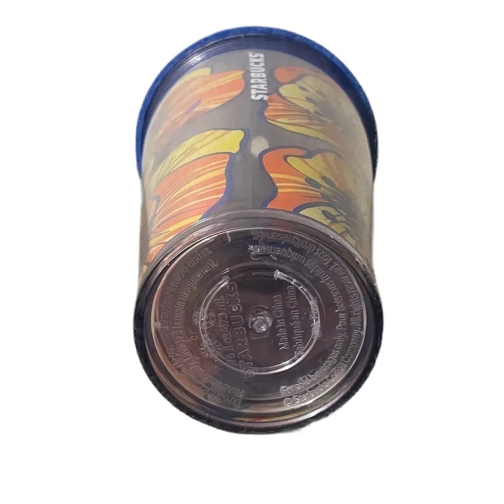 STARBUCKS 16ozs flowers grande size cold cup blue yellow orange clear tumbler